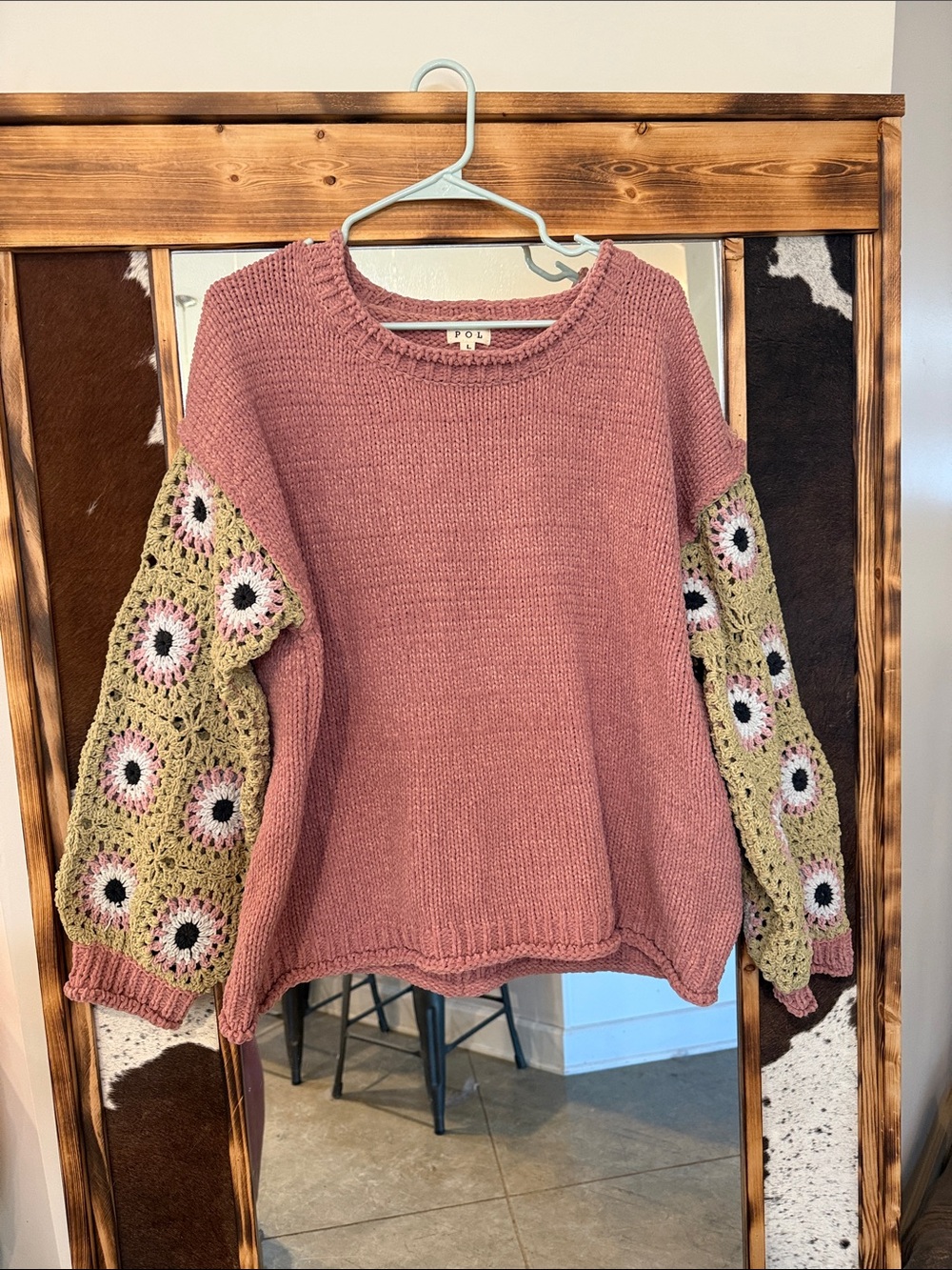 POL Dusty Rose Knit Sweater with Olive Crochet Sleeves